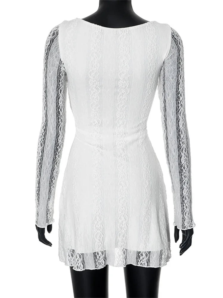 White Lace See Through Mini Dress For Women Fashion High Waist Patchwork Slim Graceful Party Dress Gown Ladies Solid Dress
