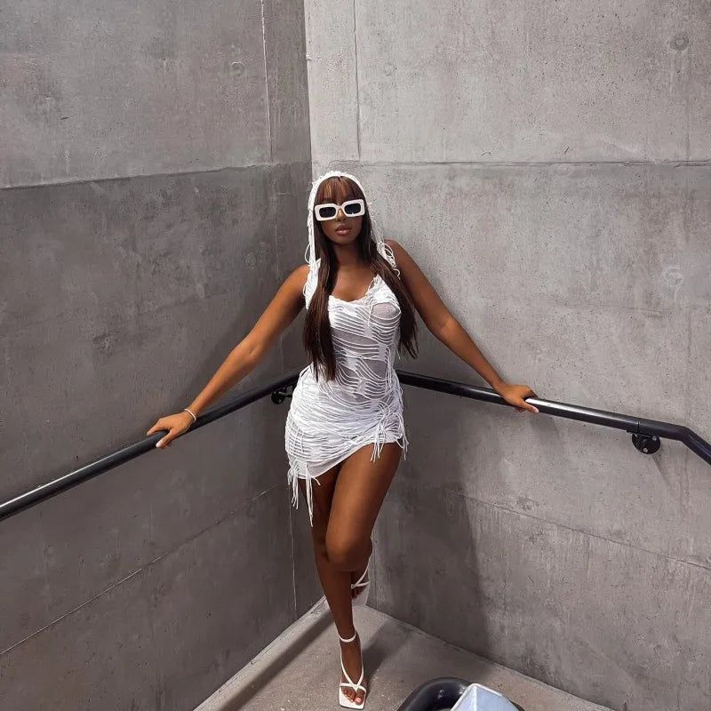 Hooded Tassel Slim Solid Mini Dress