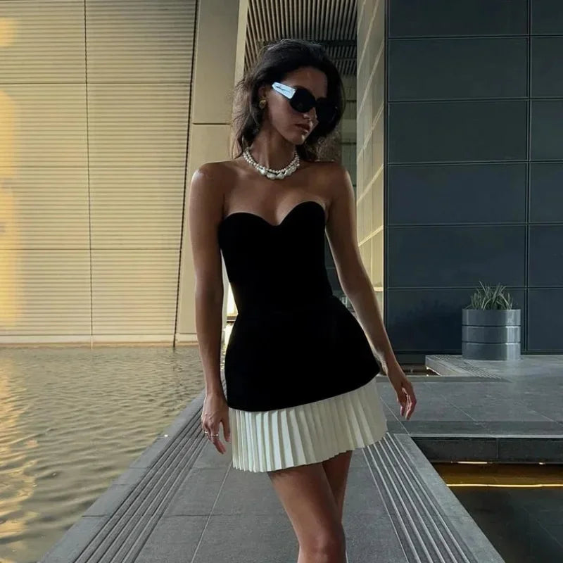 Sexy Strapless Velvet Patchwork Pleated Mini Dress Women Refined Off Shoulder Backless Slim Vestidos Evening Party Gown