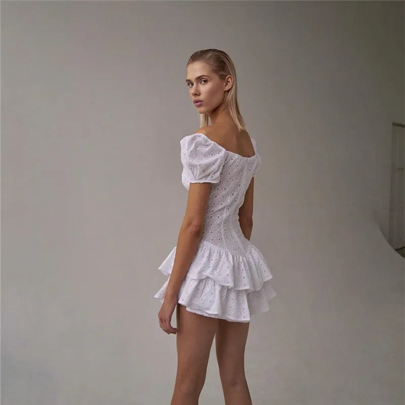 Puff Pleated Sleeve Ruffle V Neck Mini Dress