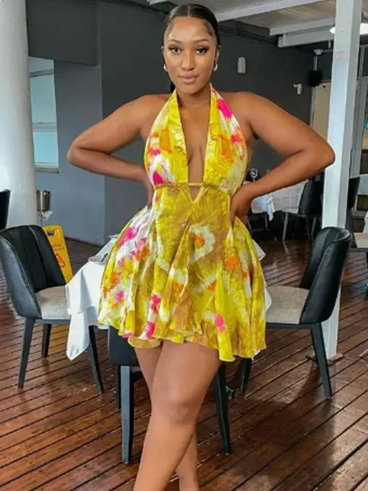 Halter TieDye Ruffle Hem Bandage Mini Dress