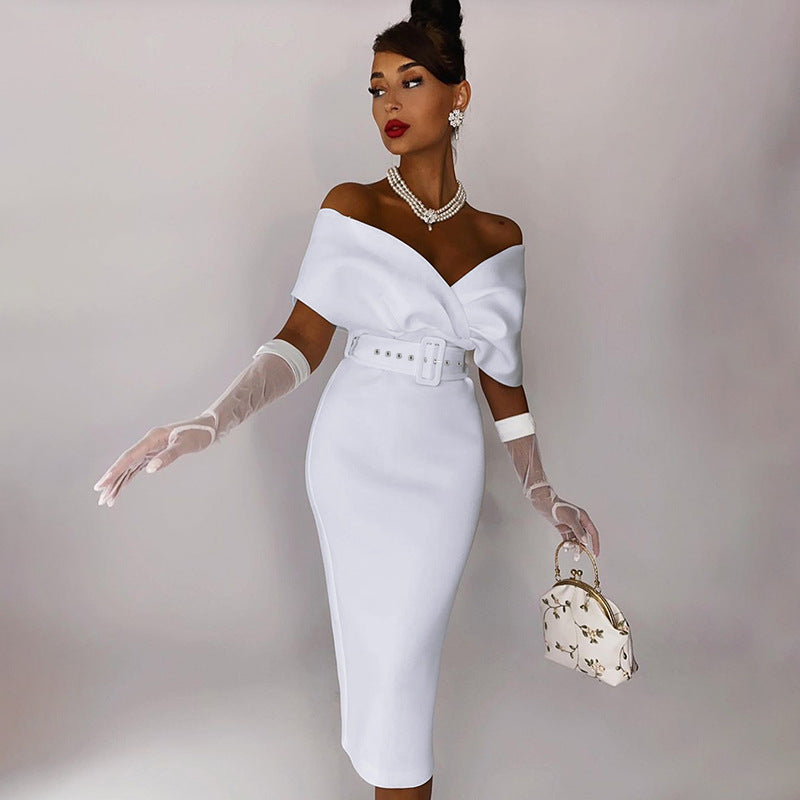 OffShoulder Graceful Party Ladies Vintage Evening Formal Midi Dress