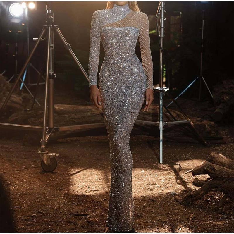 Kissnovaa - Sequins Glitter Solid Slim Half High Collar Long Sleeve Dress