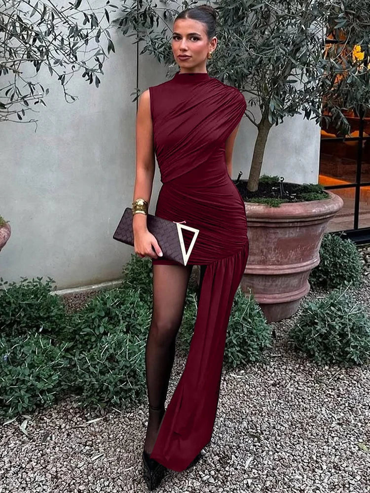 Ruched Draped Turtleneck Pleated Mini Dress