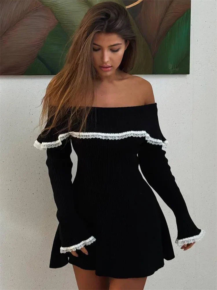 Knit Off Shoulder Sweater Mini Dress Women's Lace Patchwork Ribbed Slim Backless Graceful Party Dress Knitwear Mini Dress