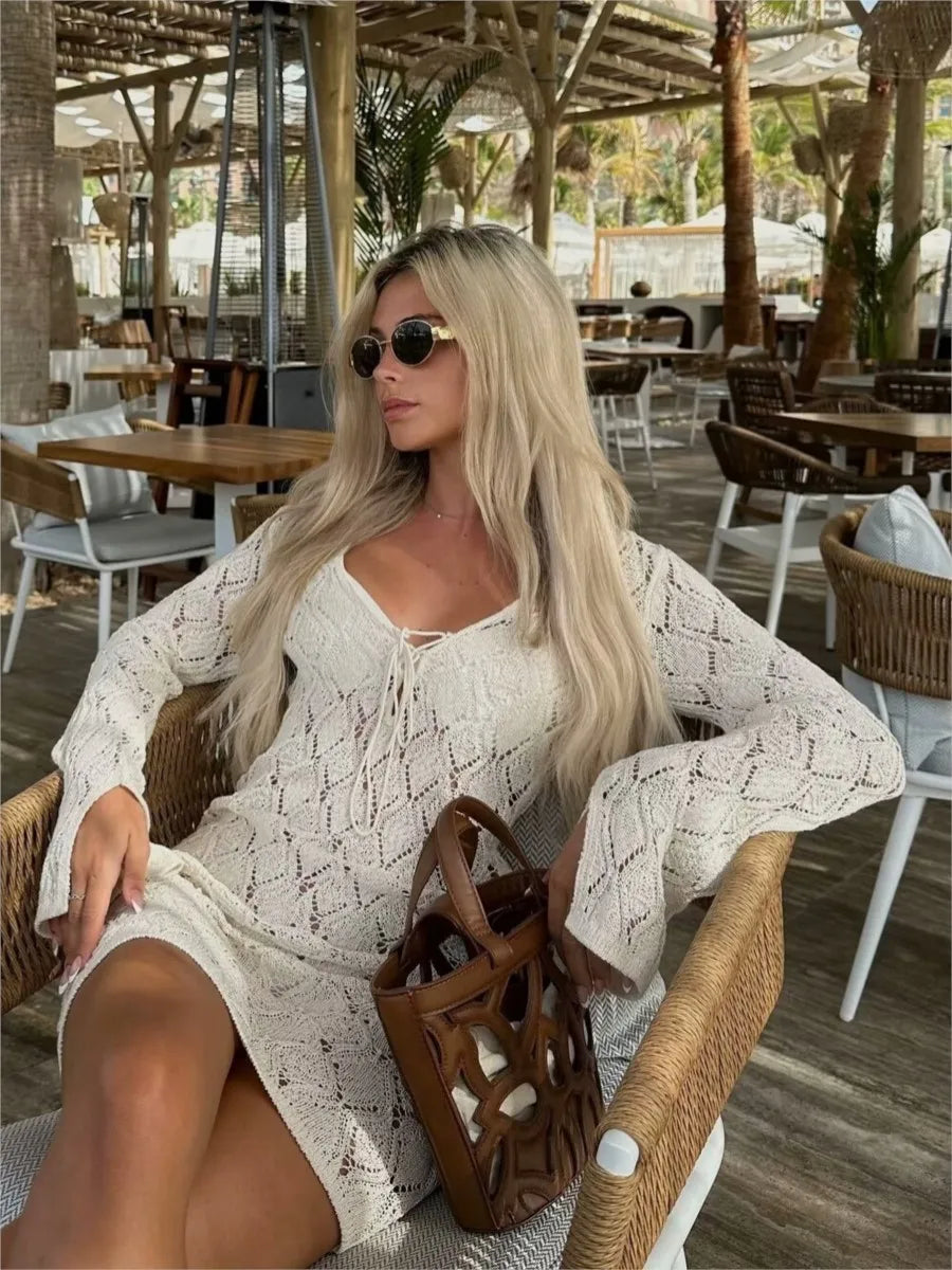 Solid Hollow Out Knitted Beach Dress Women V Neck Long Sleeve Lace up Vestidos Summer Alluring Fashion Holiday Mini Dresses