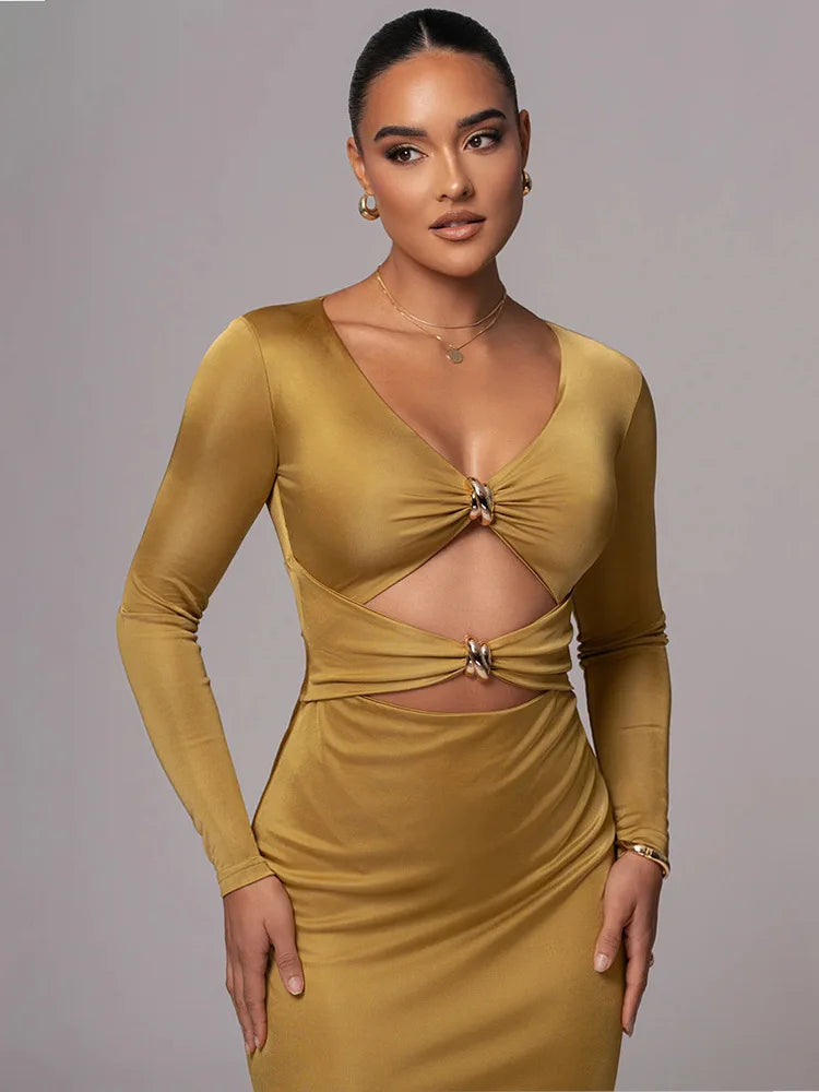 Long Hollow Sleeve Bodycon Midi Dress