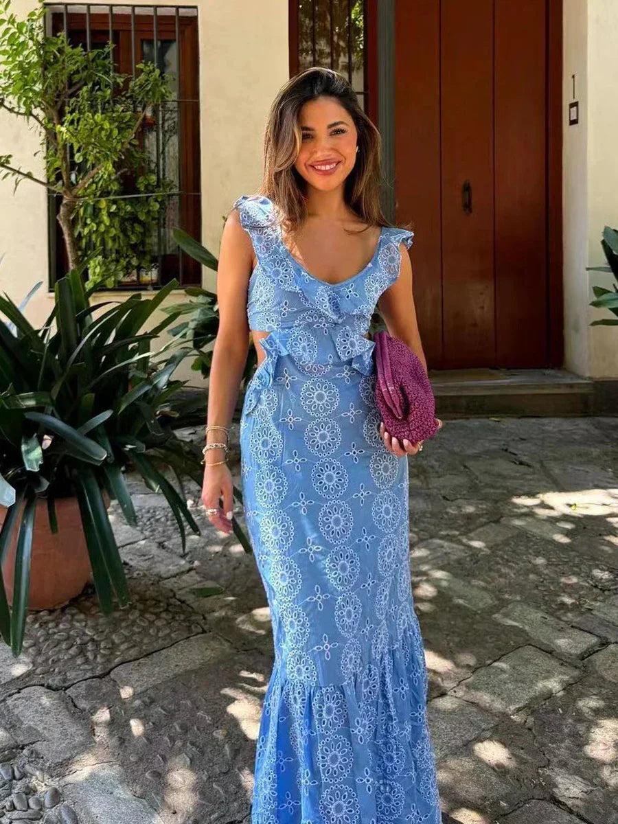 Blue Hollow Out Embroidered Midi Dress Women Summer V Neck Sleeveless Ruffle Long Dresses Refined Fashion Holiday Vestidos