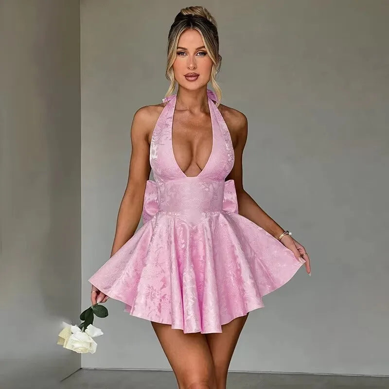 Backless Bow Jacquard A Line Mini Dress
