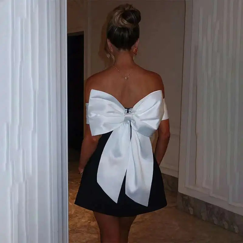 Bow Pearl Waist Wrap Backless Mini Dress