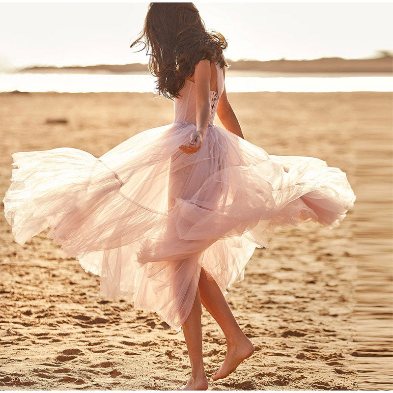 Kissnovaa - One Shoulder Tulle Mesh Evening Party A-Line Tutu Dress
