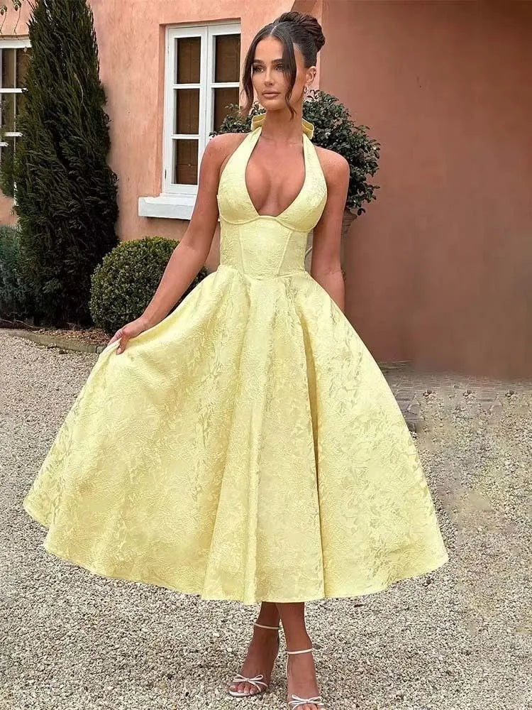 Backless Bow Jacquard A Line Mini Dress