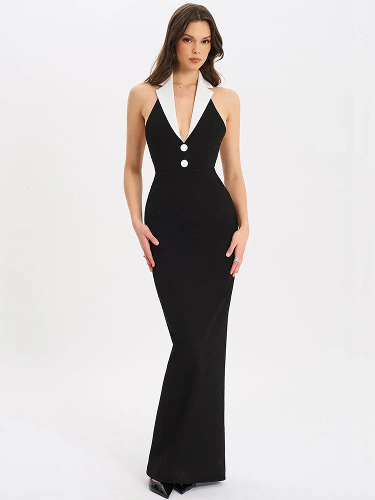 Color Block Notched Halter Maxi Dress