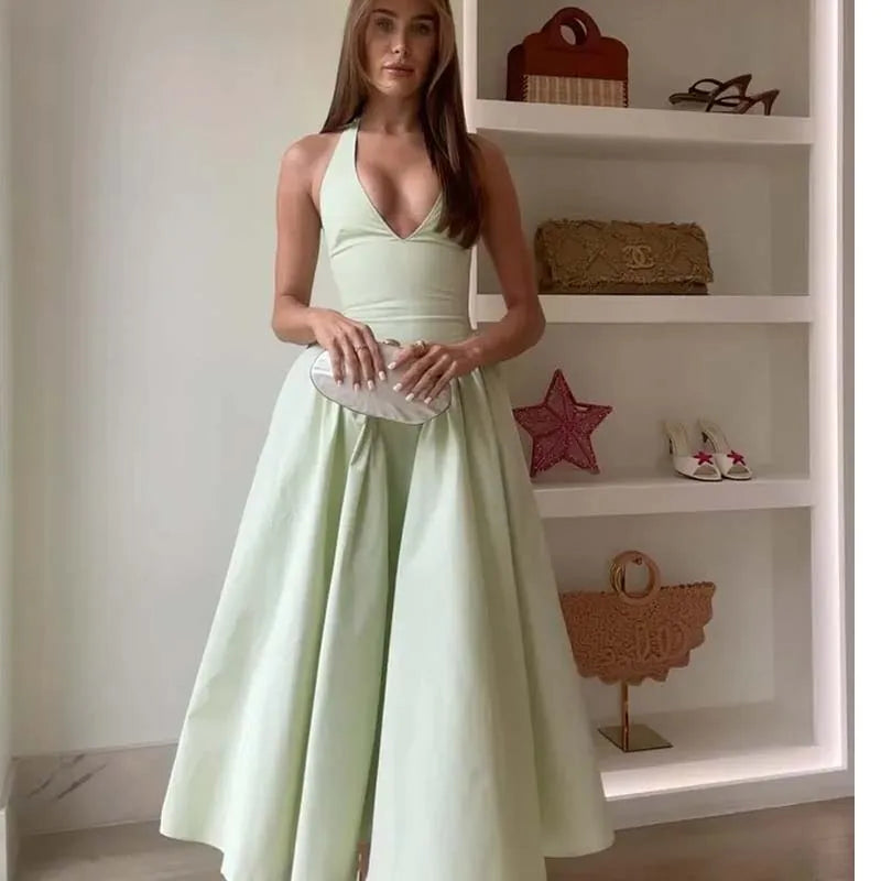 Halter Backless Green ALine Midi Dress