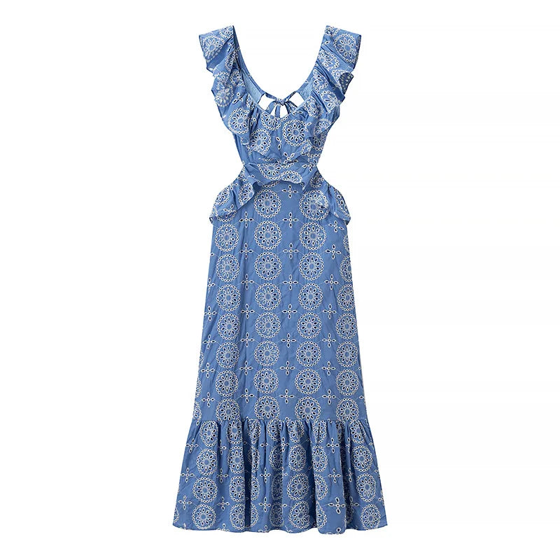 Blue Hollow Out Embroidered Midi Dress Women Summer V Neck Sleeveless Ruffle Long Dresses Refined Fashion Holiday Vestidos