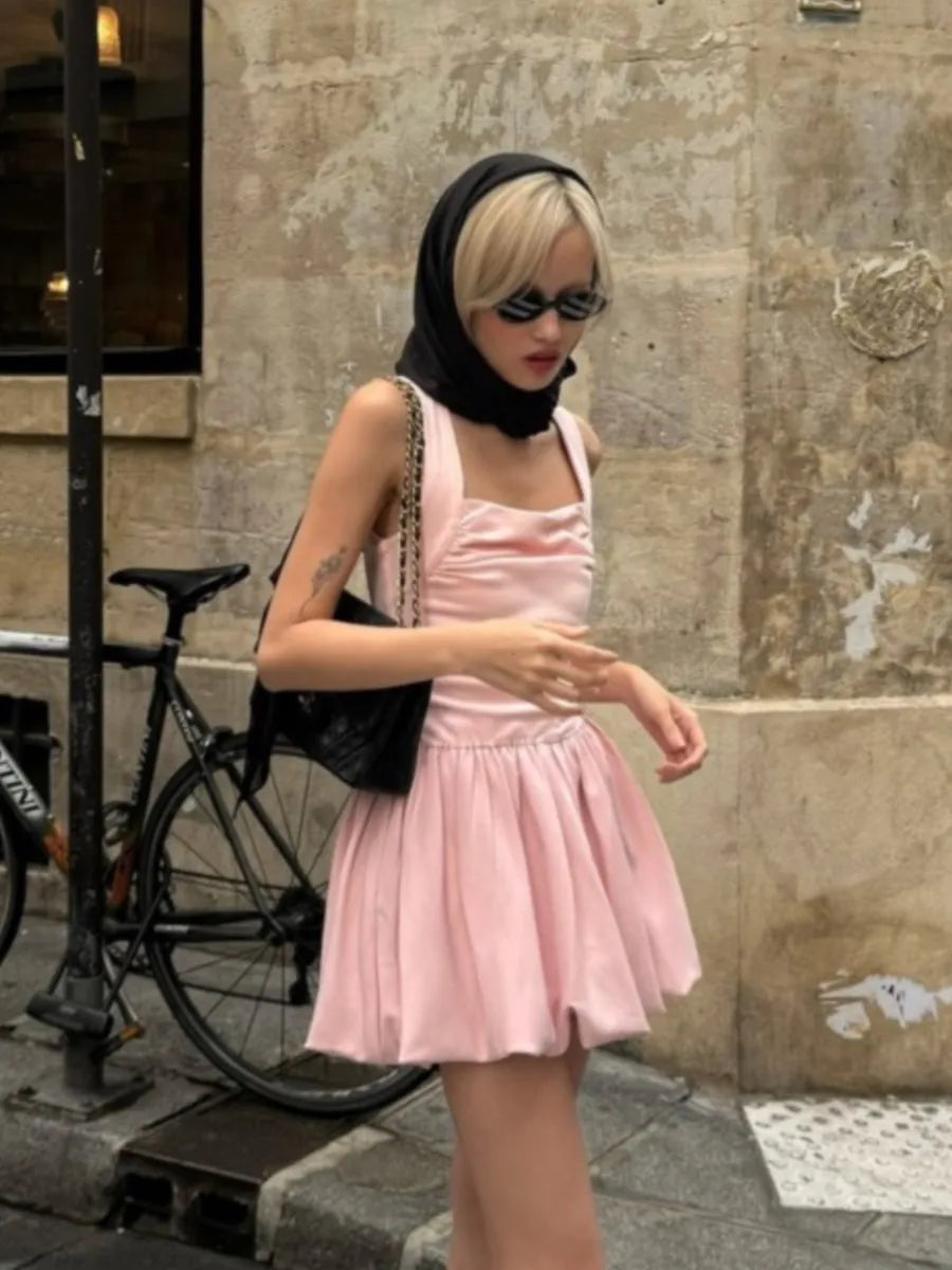 Spring Pink Sweet Mini Dress Women Square Collar Sleeveless Short A line Vestidos Sophisticated Fashion Casual Female Dresses 2025