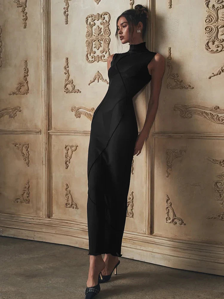 Stand Sheer Collar Straight Midi Dress
