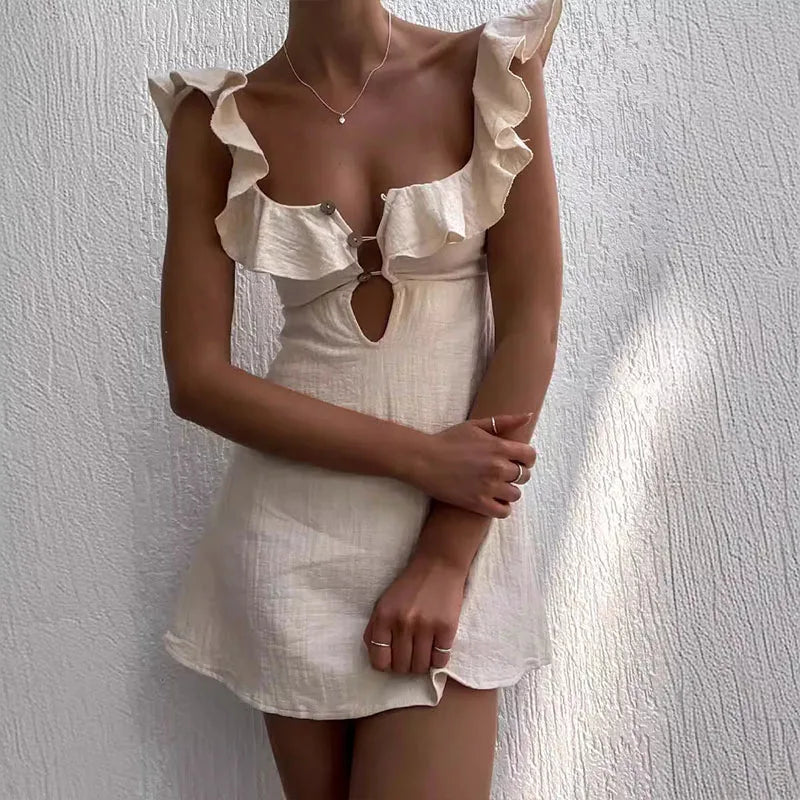 Ruffled Hollow Cotton Beach Gothic Mini Dress