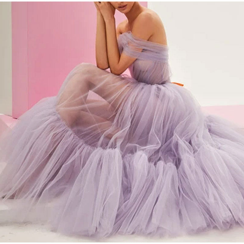 Kissnovaa - One Shoulder Tulle Mesh Evening Party A-Line Tutu Dress