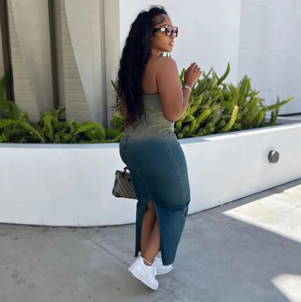 Denim Gradient Corset Slit Midi Dress