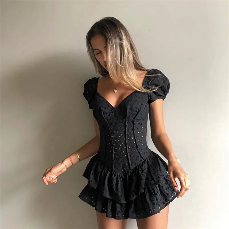 Puff Pleated Sleeve Ruffle V Neck Mini Dress