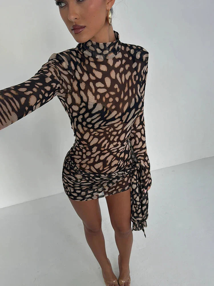 Sheer Leopard Bandage Long Sleeve Mini Dress