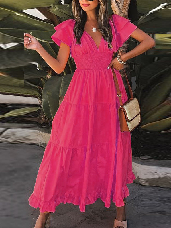 V Neck Short Sleeve Ruffle Dress