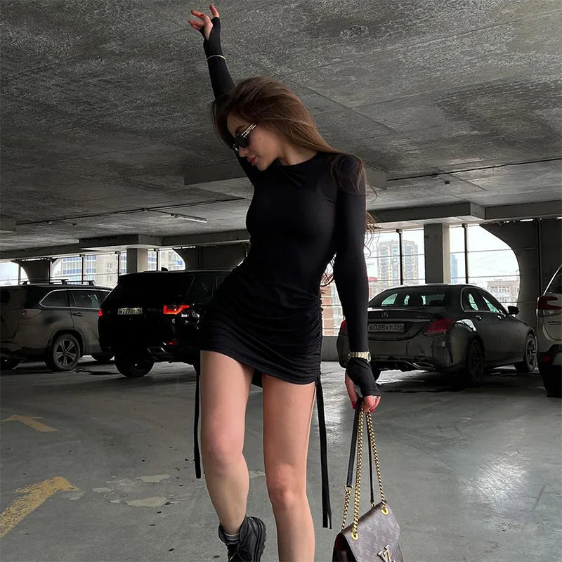 Bandage Drawstring Long Sleeve Mini Dress