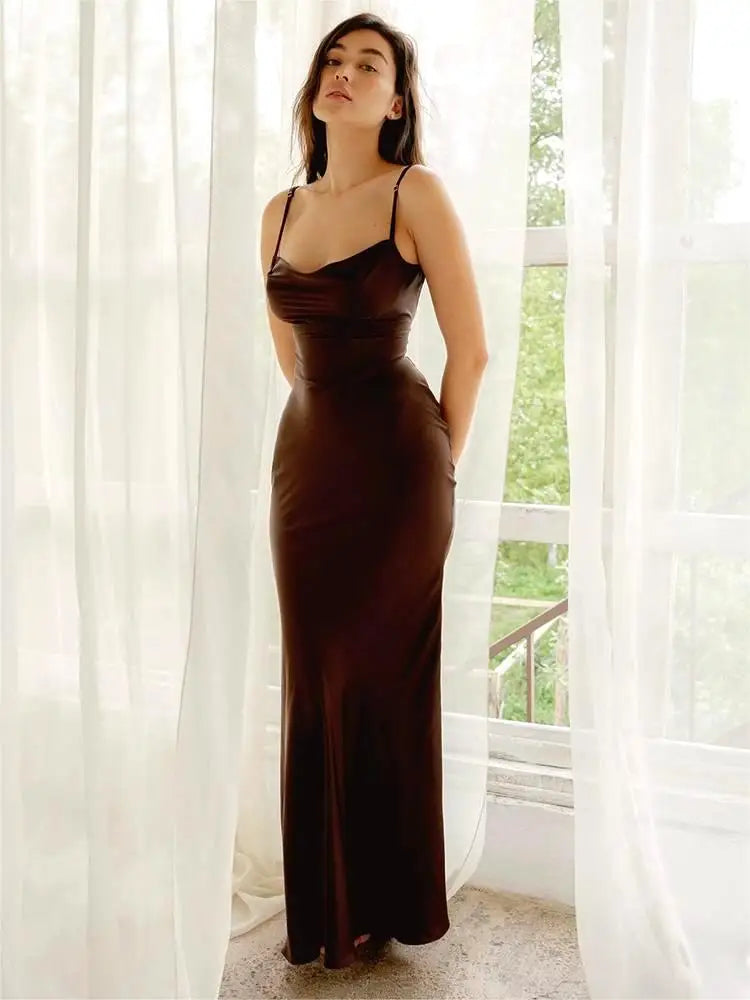 Satin Ruched Strap Maxi Chic Silk Dress