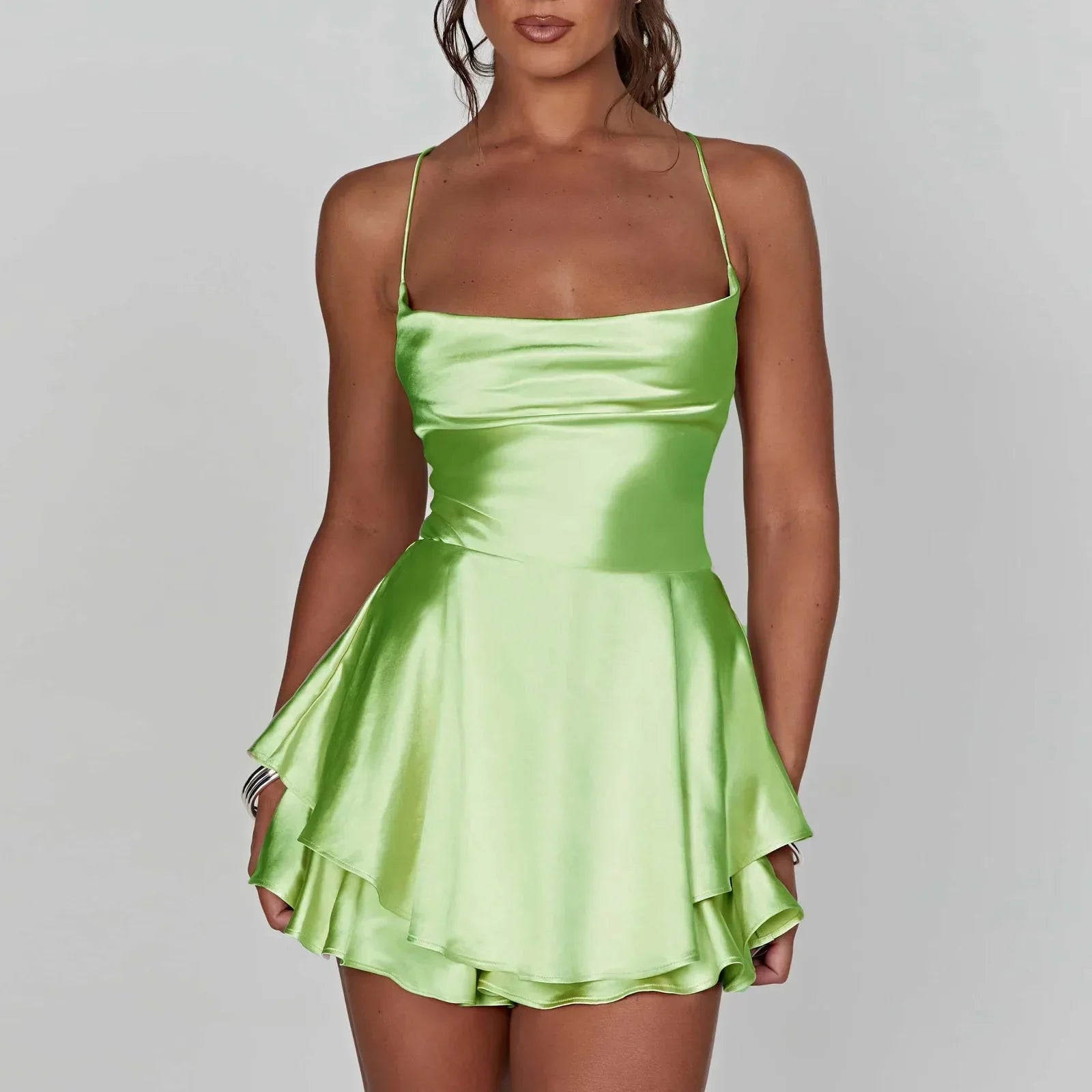 Cowl Satin Neck Tie Back Romper Mini Dress