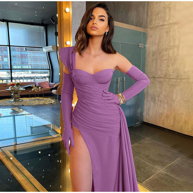 Kissnovaa - Solid Satin Asymmetric Slit Long Sleeve Dress