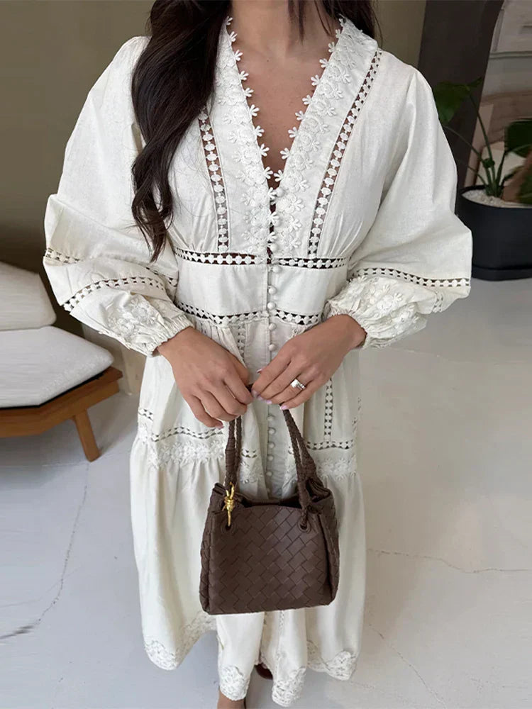 Lace Hollow Vneck Patchwork Maxi Midi Dress