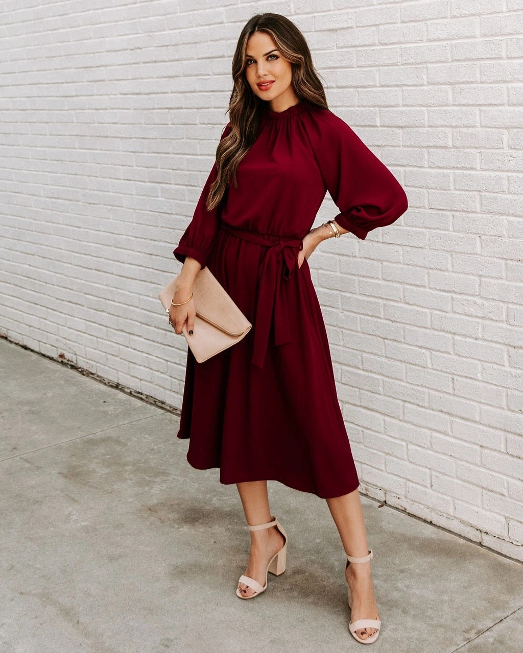 Refined Office Dress Formal Loose Green Long Sleeve Belt ALine Midi Dresses
