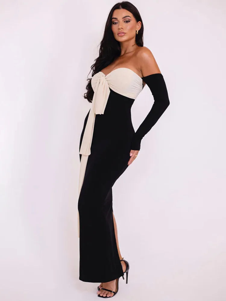 Contrast OffShoulder Color Maxi Midi Dress