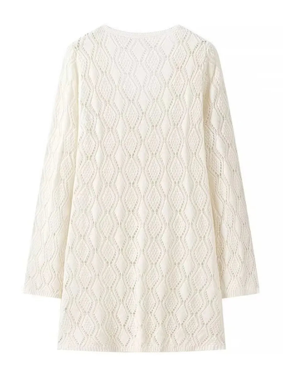 Solid Hollow Out Knitted Beach Dress Women V Neck Long Sleeve Lace up Vestidos Summer Alluring Fashion Holiday Mini Dresses