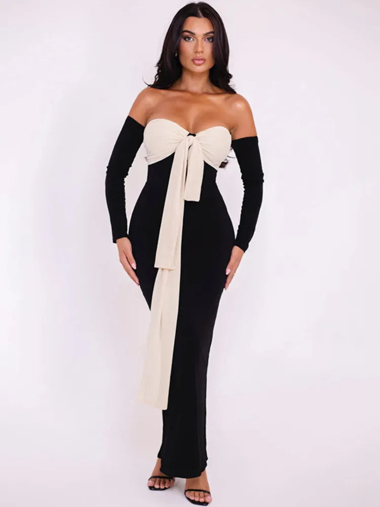 Contrast OffShoulder Color Maxi Midi Dress