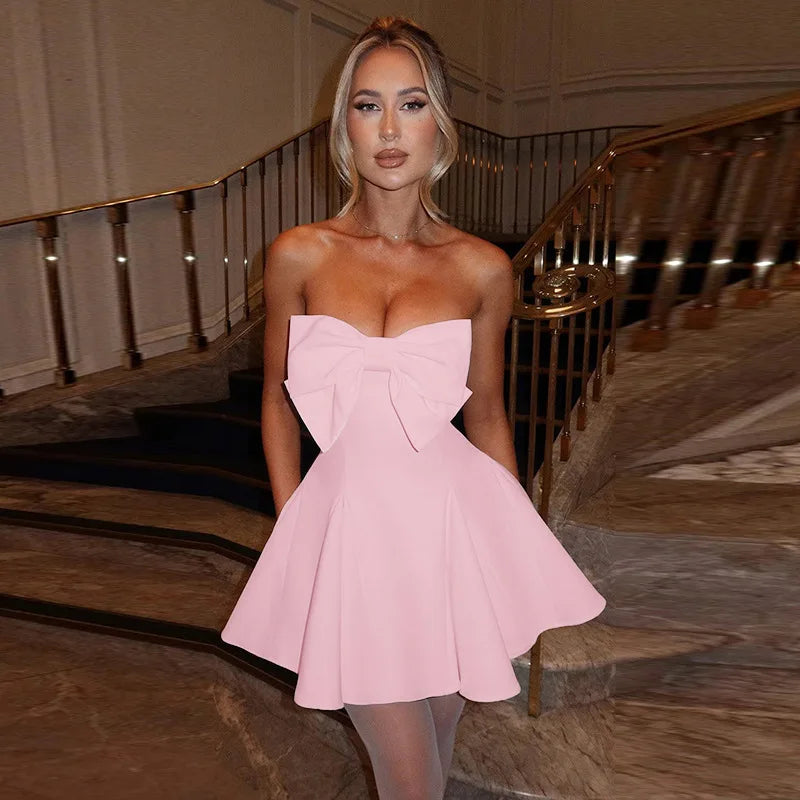 Strapless Bow Ruffle Sophisticated Gothic Mini Dress