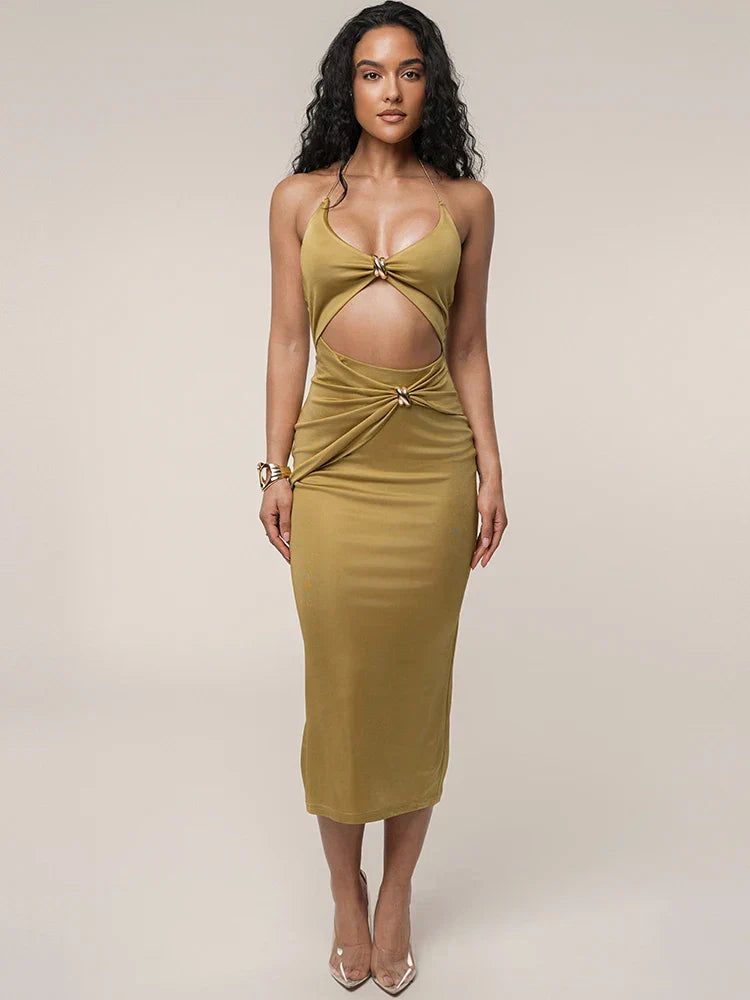 Chain Cutout Metal Halter Midi Dress