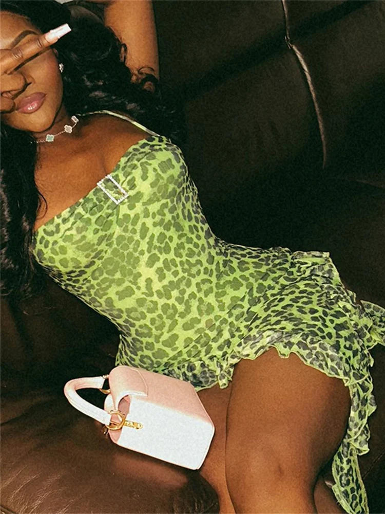 Buckle Ruffle Slip Leopard Print Mini Dress