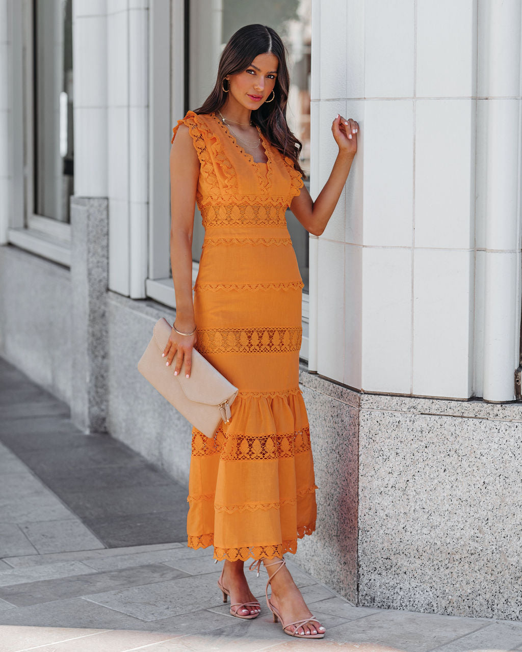 Cotton Sacha Linen Crochet Tiered Midi Dress Tangerine