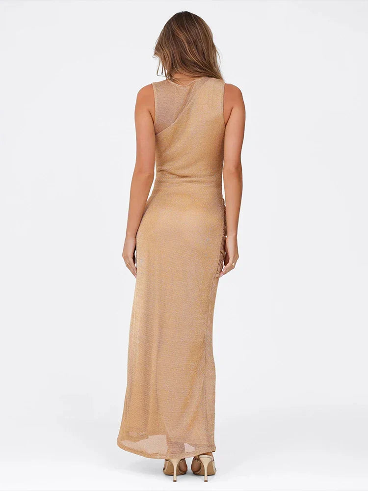 Hollow Silk Knot Slit Midi Dress