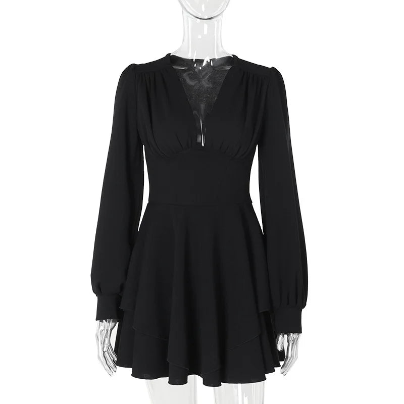 Sexy Low Cut Long Sleeve Pleated Mini Dress Women Graceful Wrap Waist Slim Party Vestido Spring Fall Harajuku Y2K Clothes