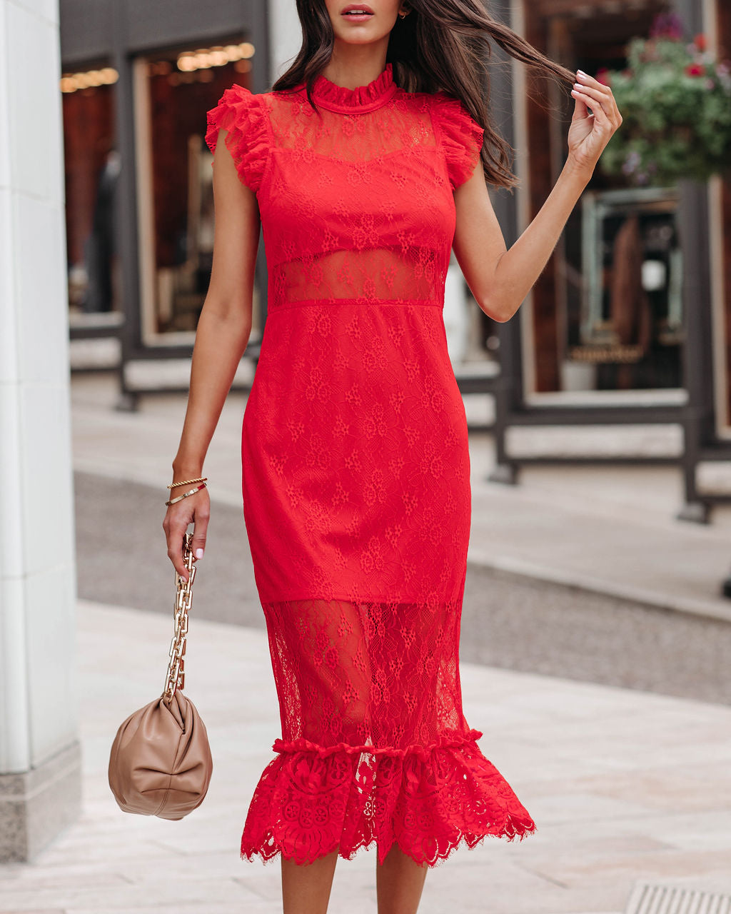 Sheer Saige Lace Midi Dress Red