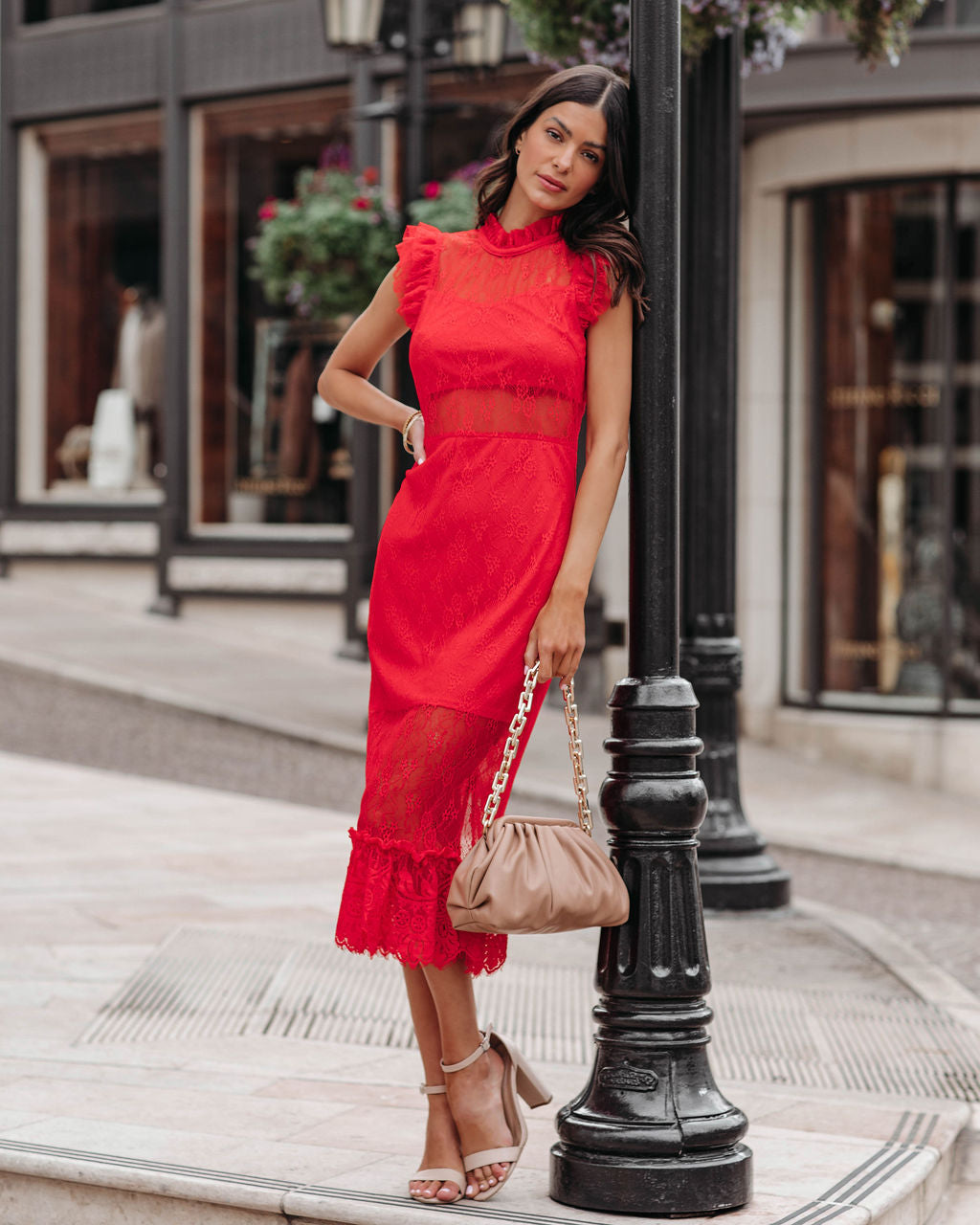 Sheer Saige Lace Midi Dress Red