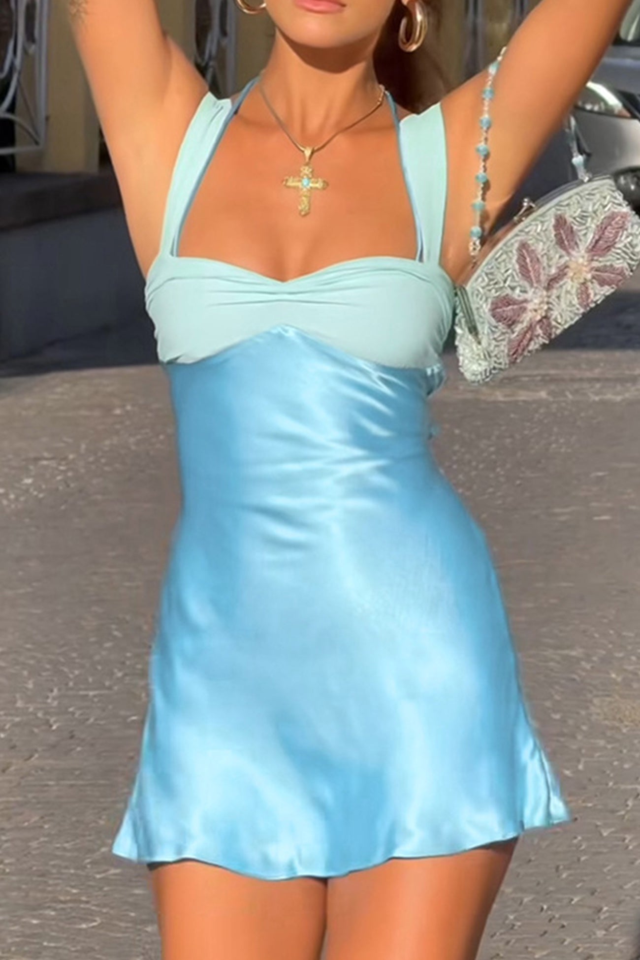 Contrast Satin Color Tie up Cami Dress