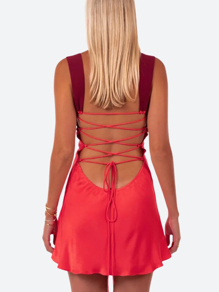 Lace Satin Up Backless Mini Dress