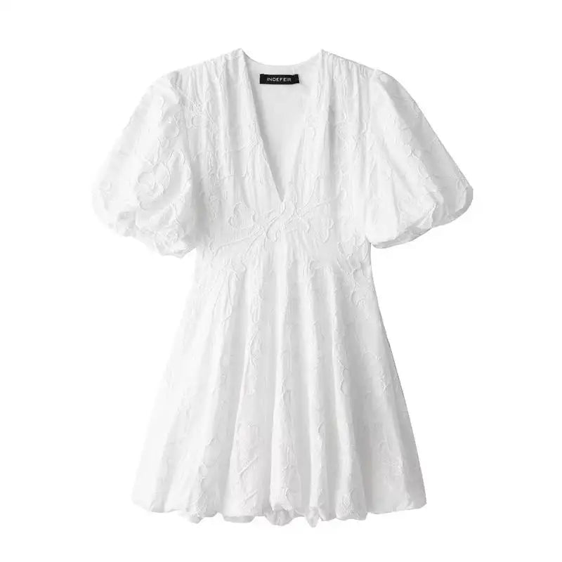 Minimalist Claudia White Mini Dress with Puff Sleeves Elevated Occasion Wear