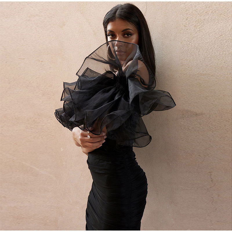 Kissnovaa - Mesh Ruffle Sleeve Tube Backless Bodycon Dress