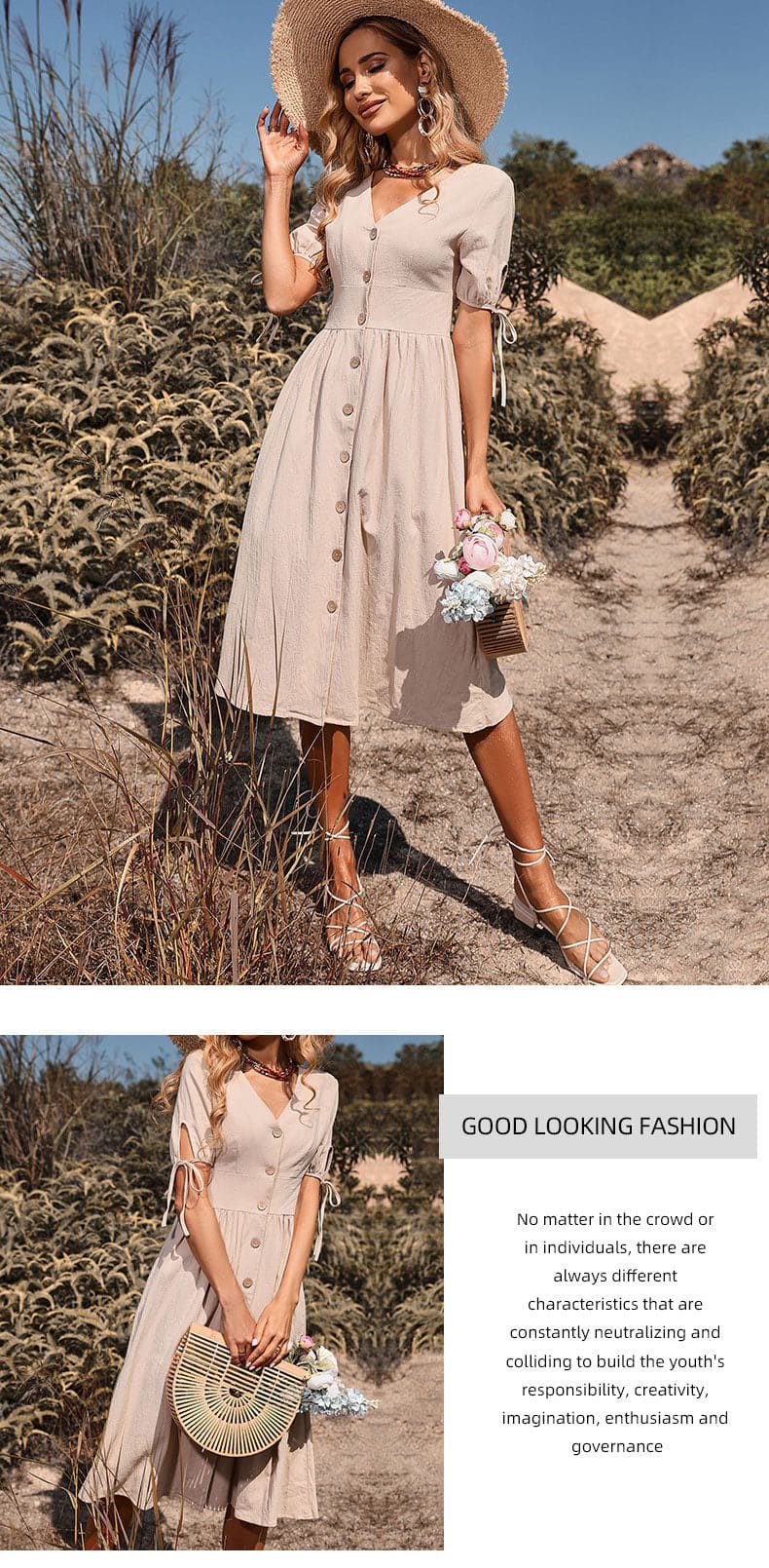 women's summer button short sleeve cotton linen V Neck bodycon dress