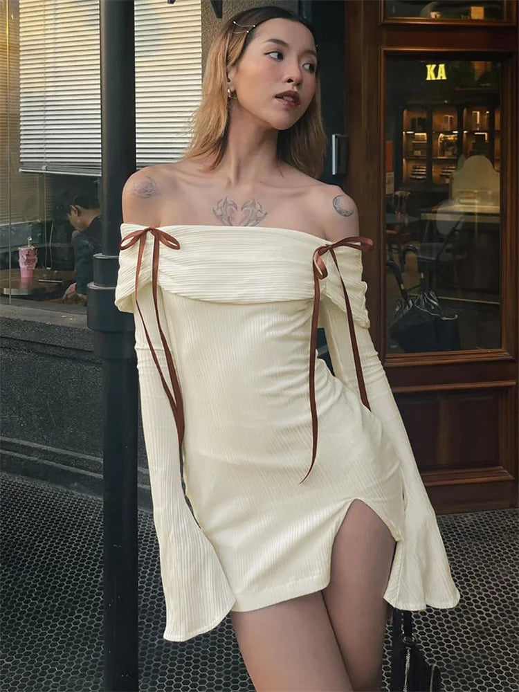 Backless Lace Up Slim MIni Dress Women's Refined Ribbed Long Sleeve Off Shoulder Summer 2024 Dress Female Party Dress
